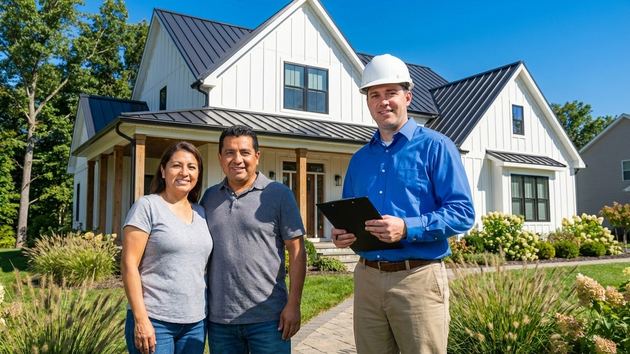Licensed engineer meeting with homeowners outside a single-family home in New York